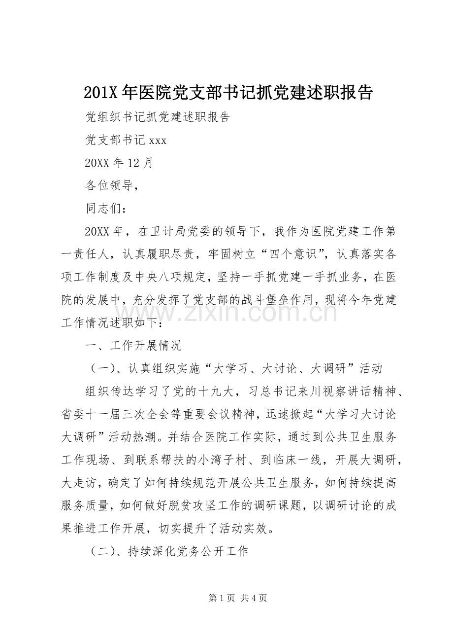 201X年医院党支部书记抓党建述职报告.docx_第1页