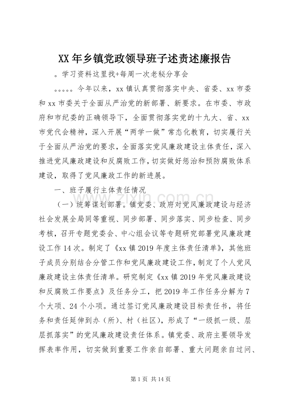 XX年乡镇党政领导班子述责述廉报告.docx_第1页