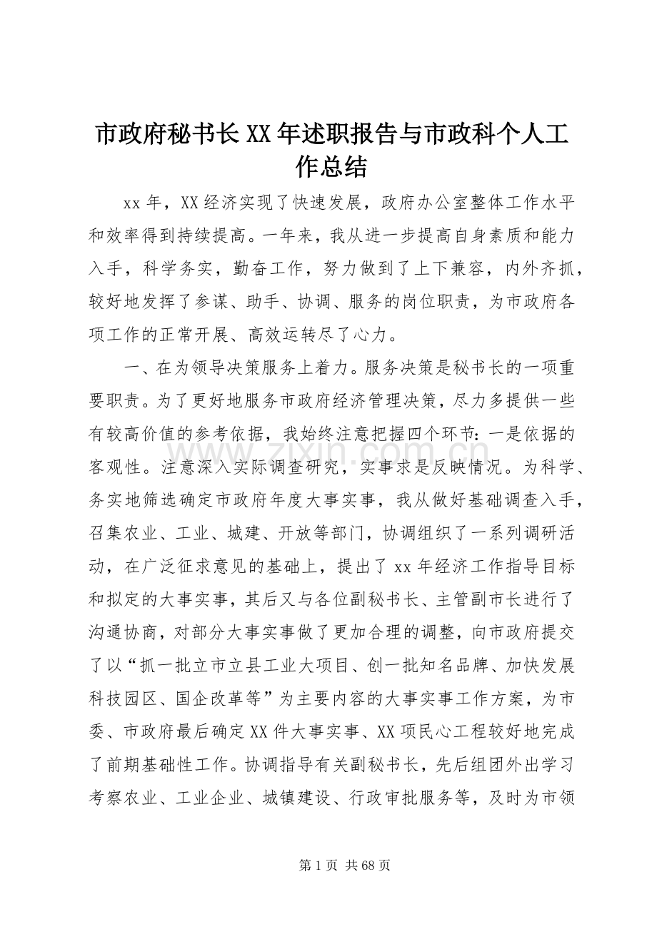 市政府秘书长XX年述职报告与市政科个人工作总结.docx_第1页