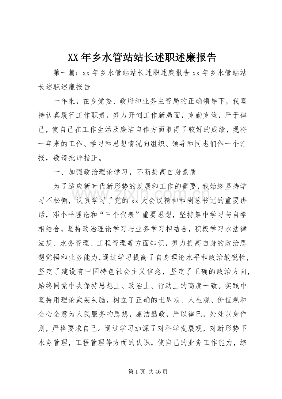 XX年乡水管站站长述职述廉报告.docx_第1页