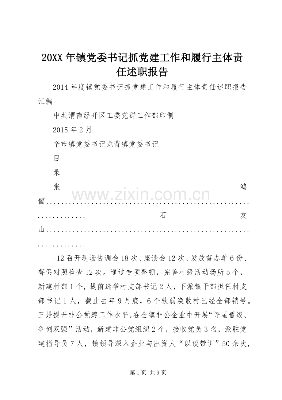 20XX年镇党委书记抓党建工作和履行主体责任述职报告.docx_第1页