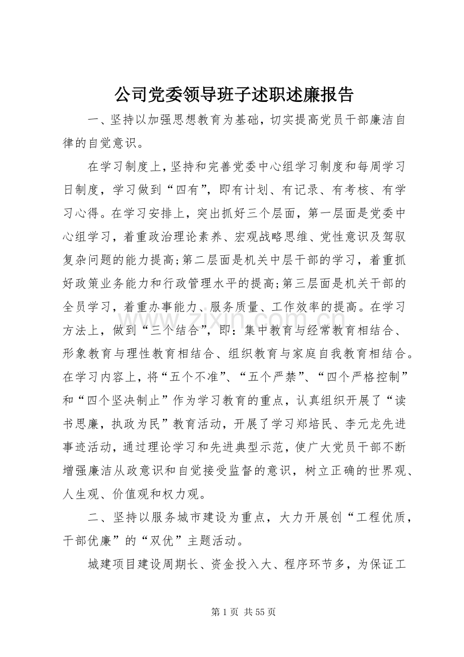 公司党委领导班子述职述廉报告.docx_第1页