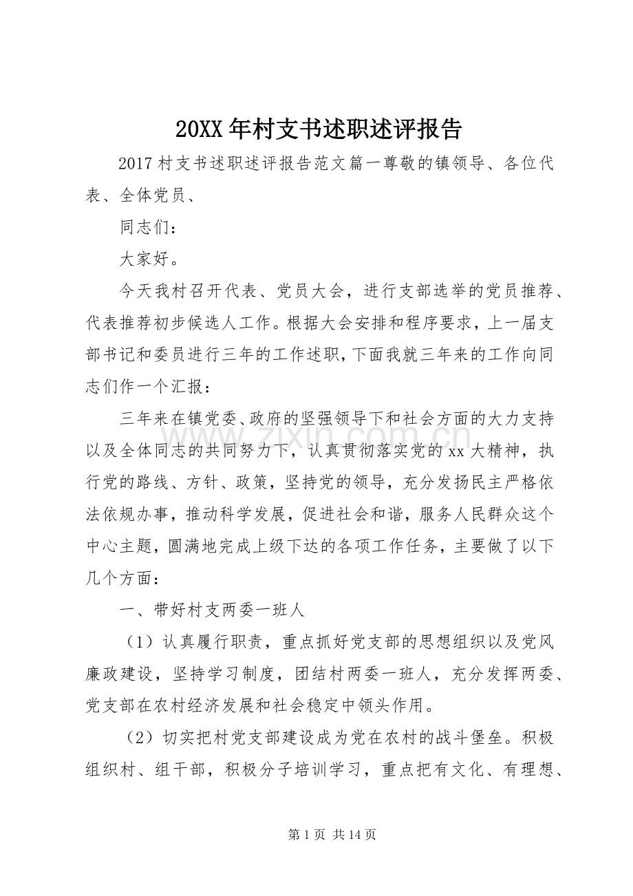 20XX年村支书述职述评报告.docx_第1页