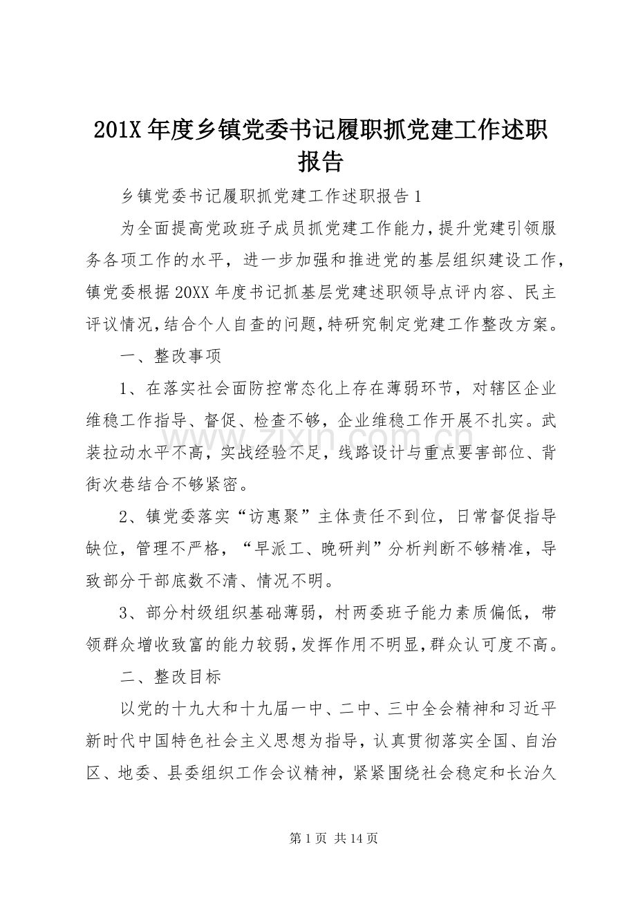 201X年度乡镇党委书记履职抓党建工作述职报告.docx_第1页