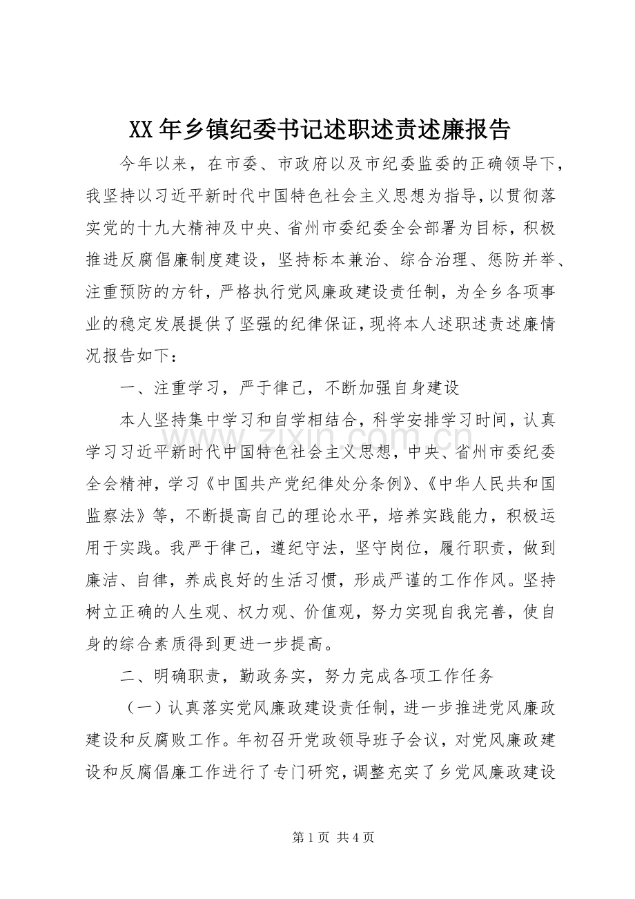 XX年乡镇纪委书记述职述责述廉报告.docx_第1页