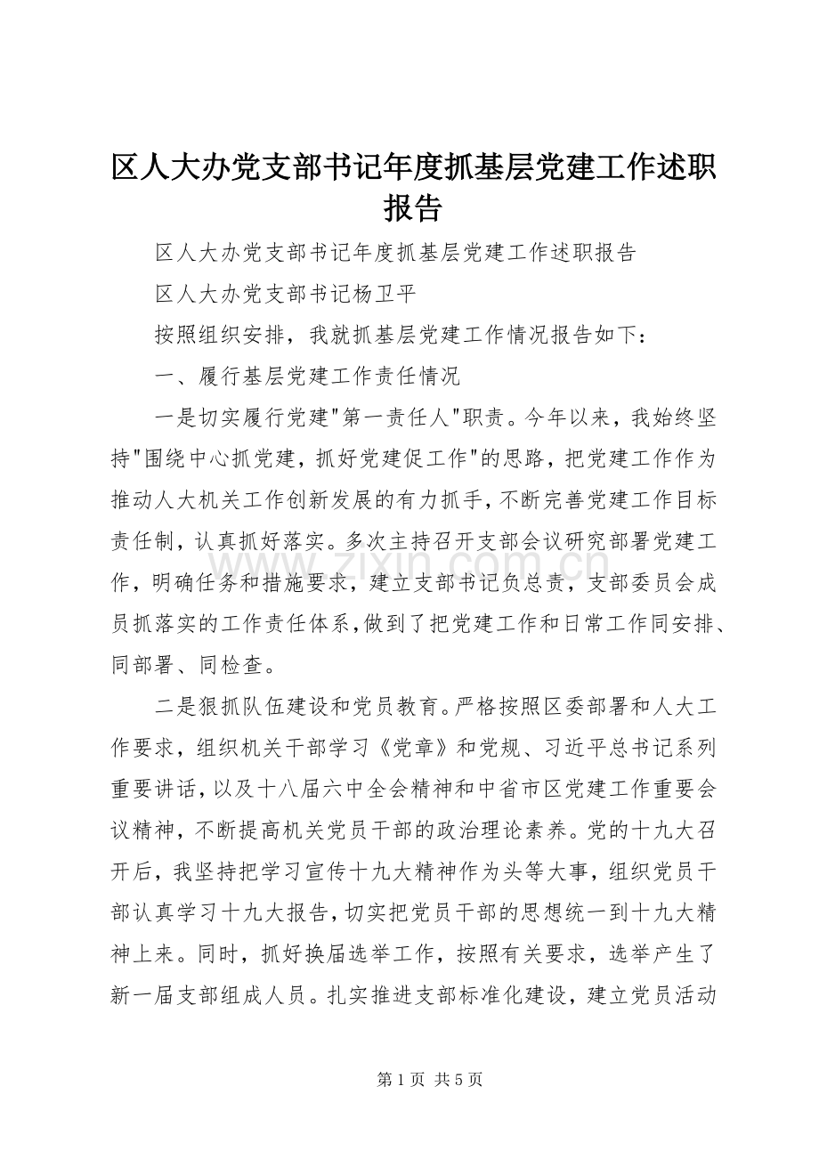 区人大办党支部书记年度抓基层党建工作述职报告.docx_第1页