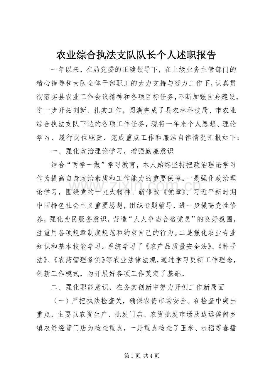 农业综合执法支队队长个人述职报告.docx_第1页