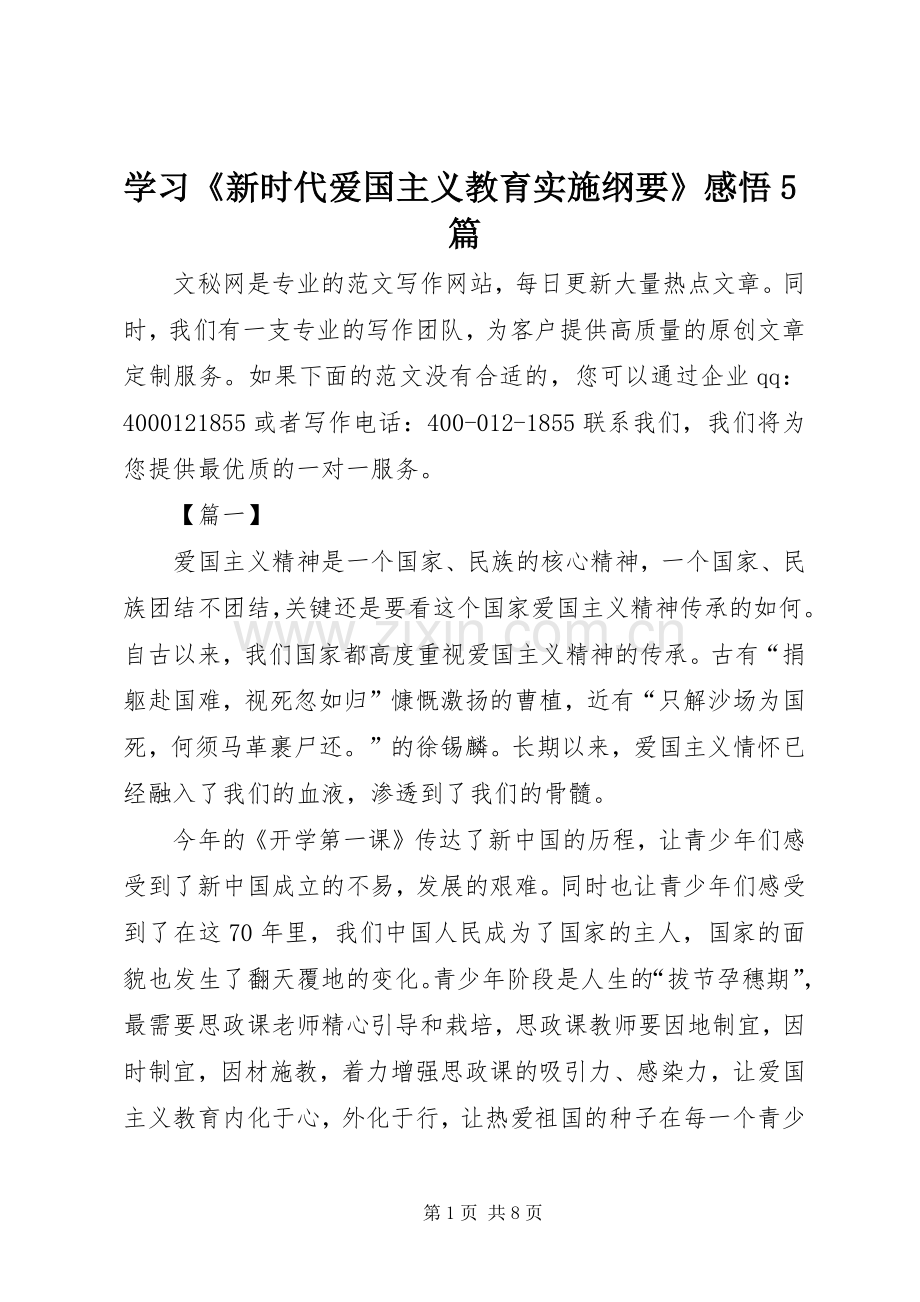 学习《新时代爱国主义教育实施纲要》感悟5篇.docx_第1页