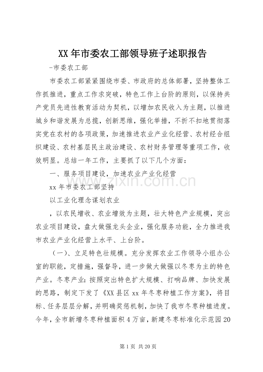 XX年市委农工部领导班子述职报告.docx_第1页