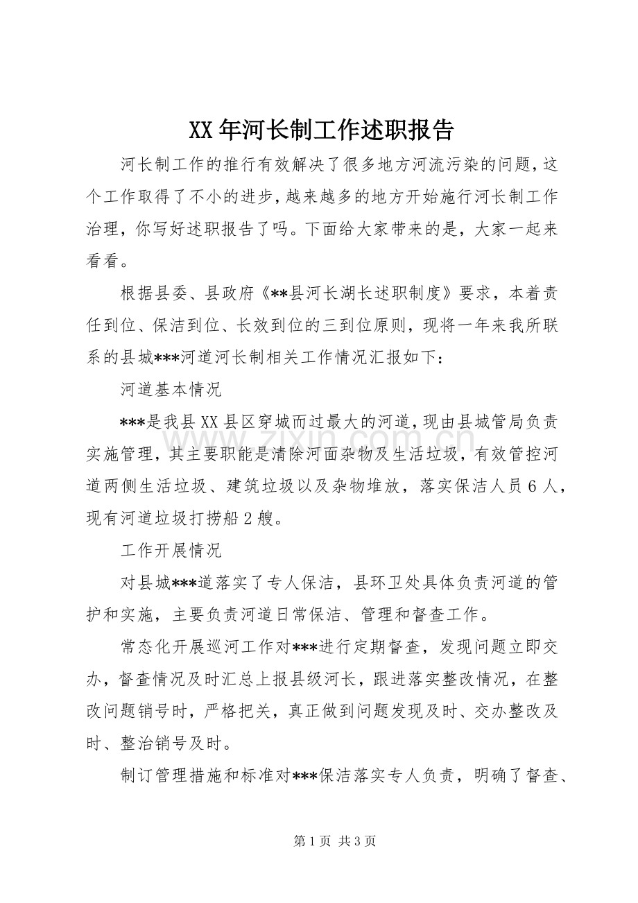 XX年河长制工作述职报告.docx_第1页