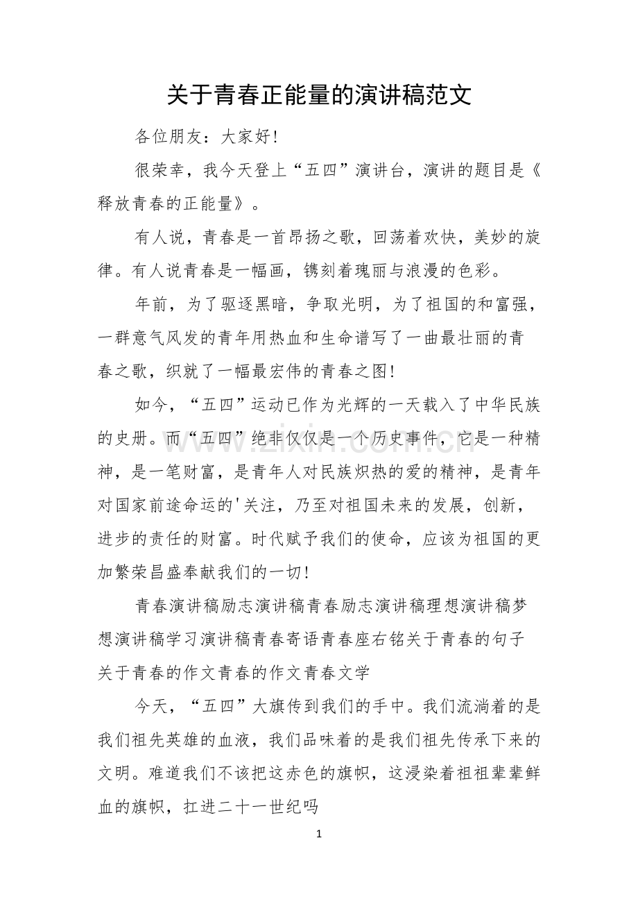 关于青春正能量的演讲稿范文.docx_第1页