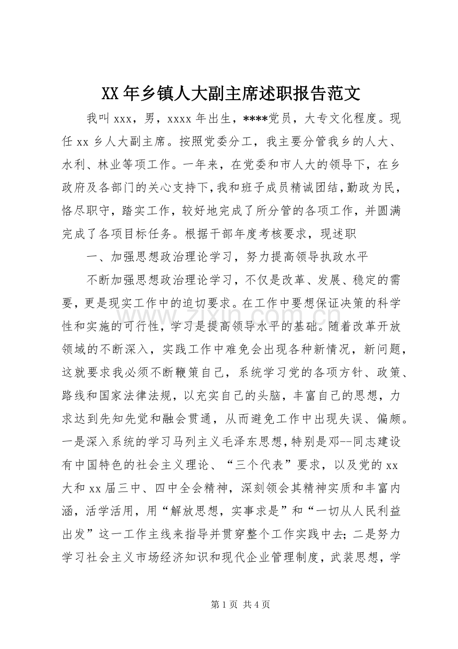 XX年乡镇人大副主席述职报告范文.docx_第1页