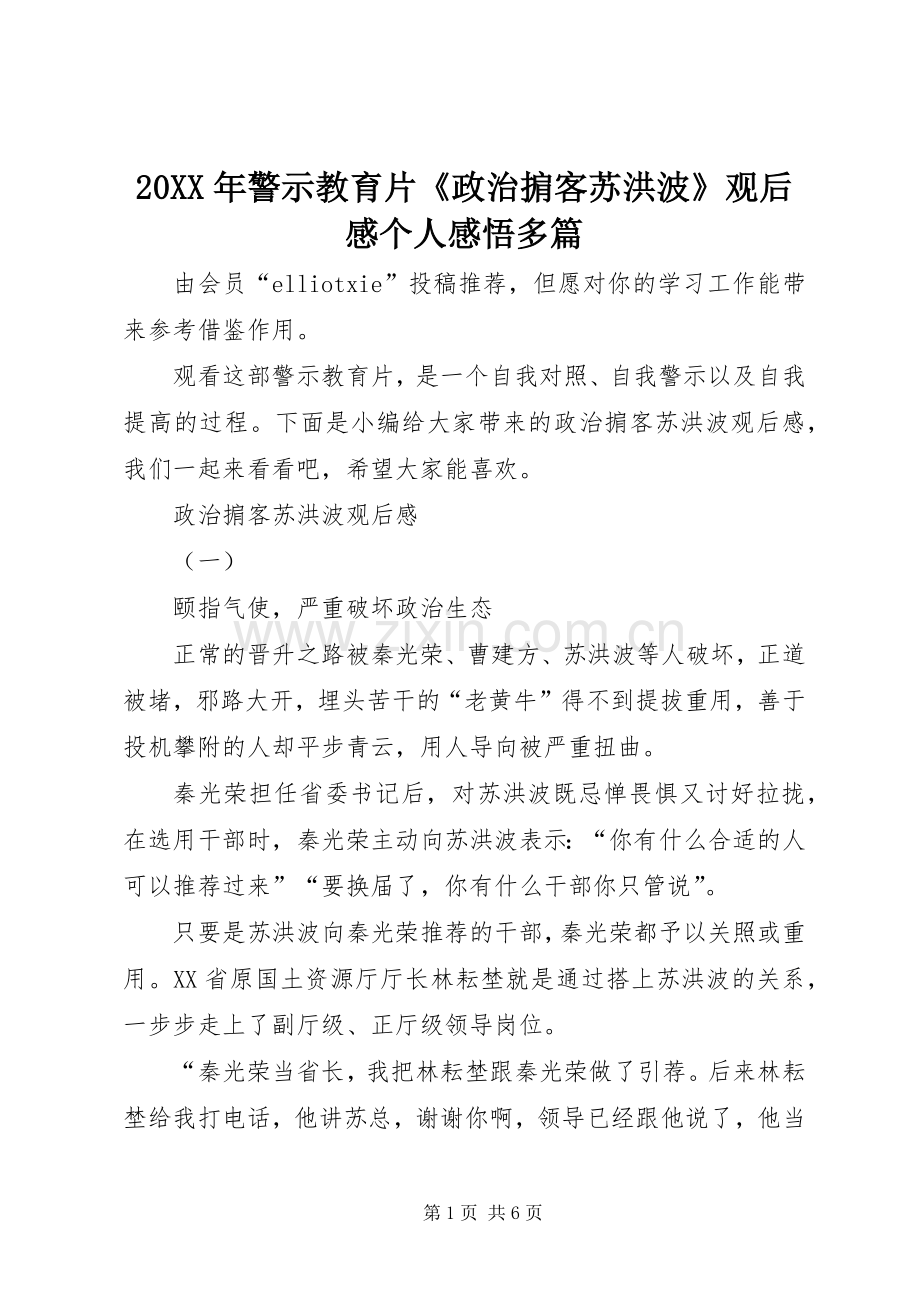 20XX年警示教育片《政治掮客苏洪波》观后感个人感悟多篇.docx_第1页