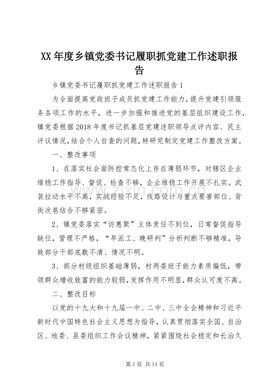 XX年度乡镇党委书记履职抓党建工作述职报告.docx_第1页