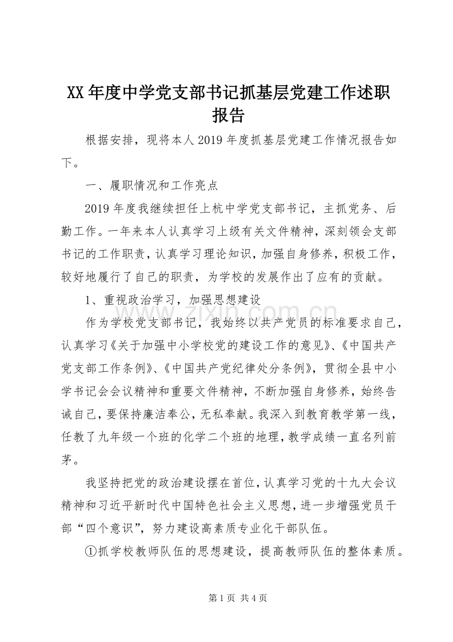 XX年度中学党支部书记抓基层党建工作述职报告.docx_第1页