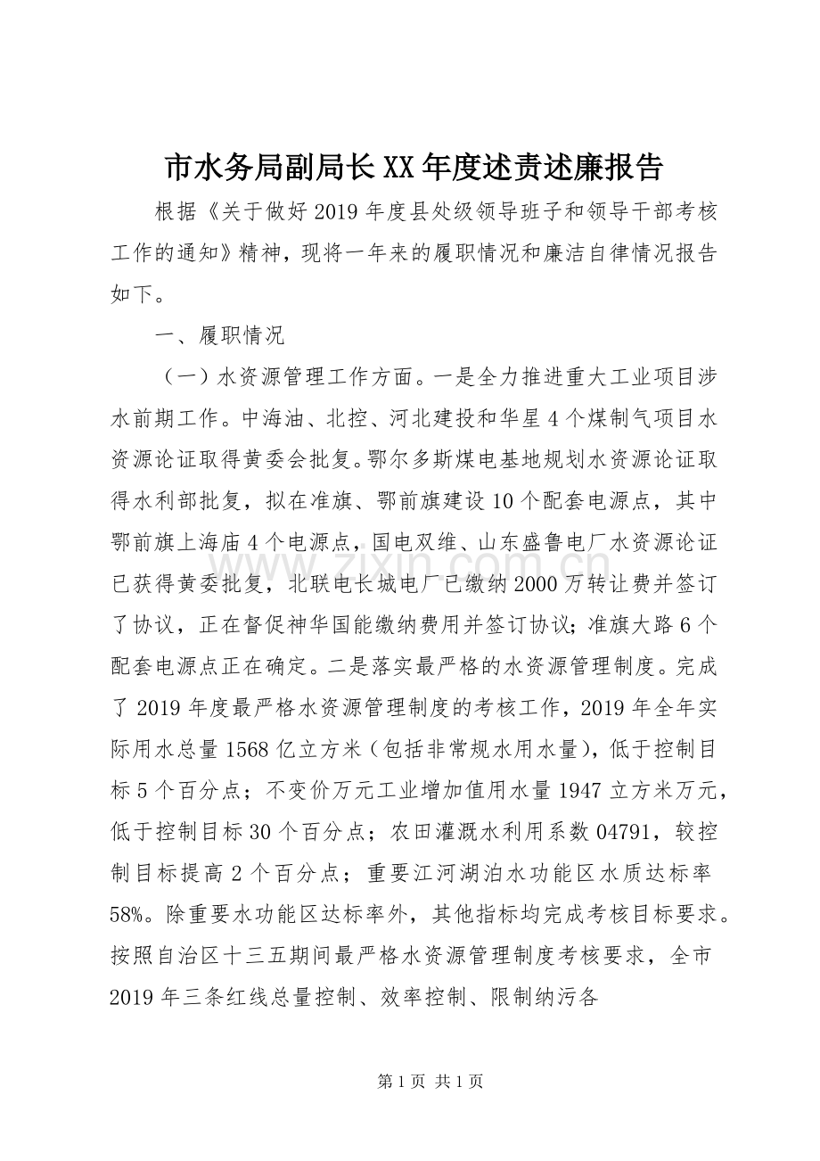 市水务局副局长XX年度述责述廉报告.docx_第1页