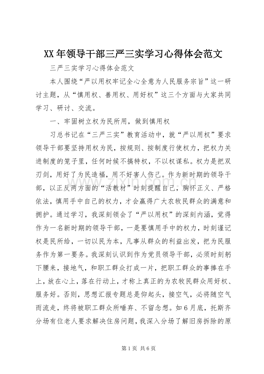 XX年领导干部三严三实学习心得体会范文.docx_第1页