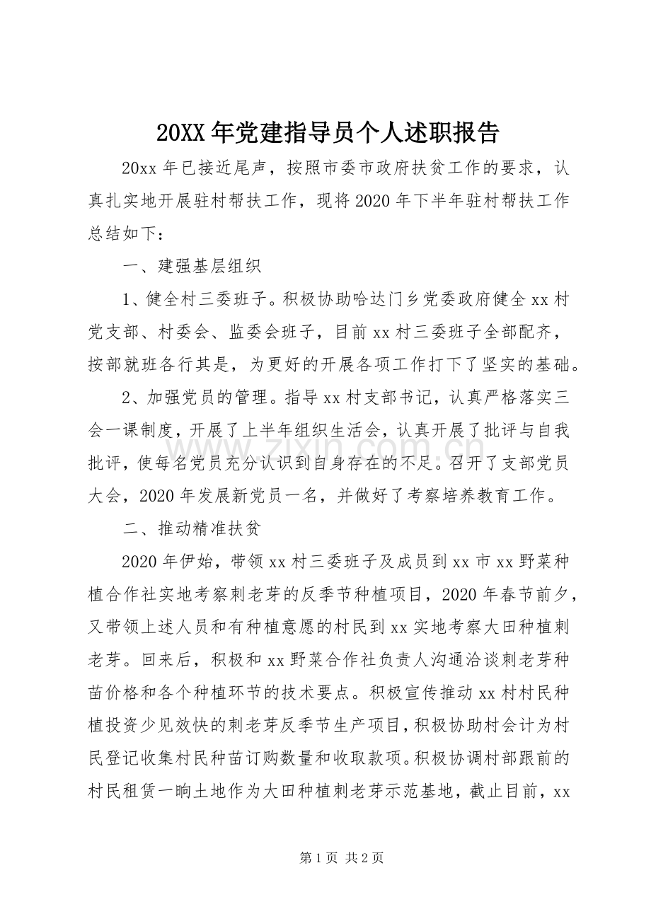 20XX年党建指导员个人述职报告.docx_第1页