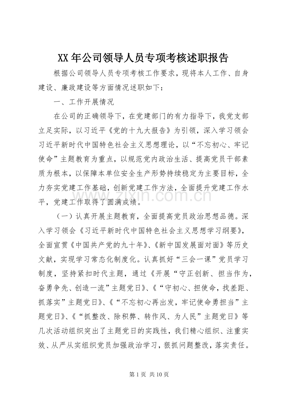 XX年公司领导人员专项考核述职报告.docx_第1页