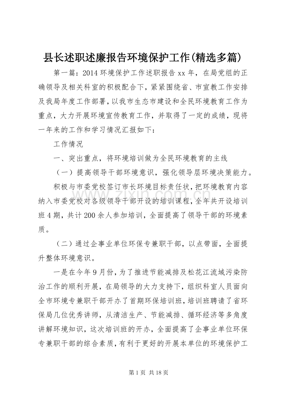 县长述职述廉报告环境保护工作(多篇).docx_第1页