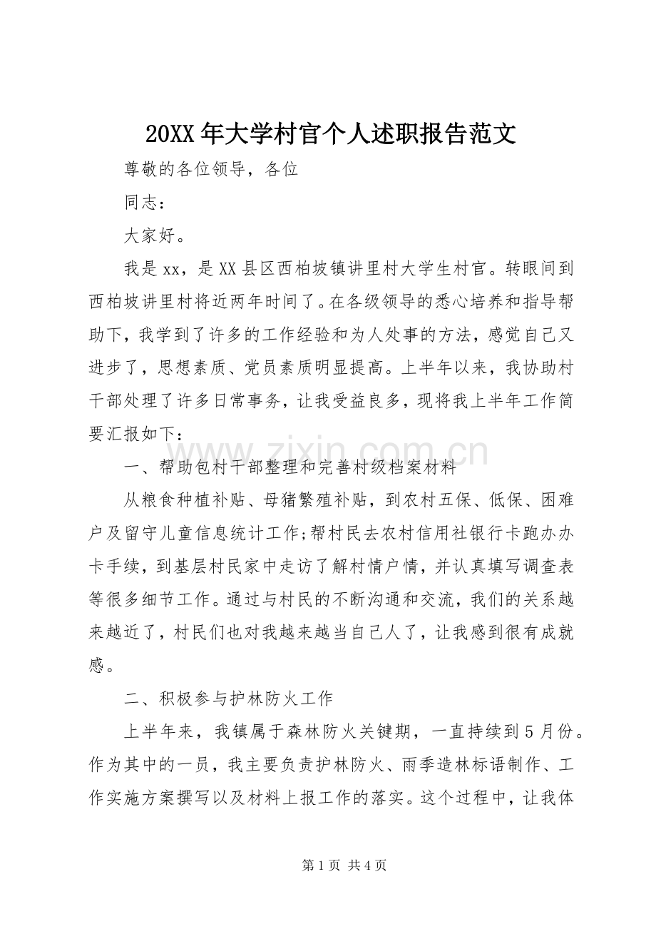 20XX年大学村官个人述职报告范文.docx_第1页