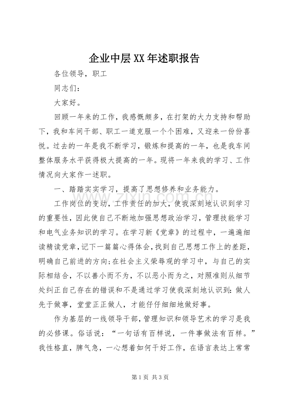 企业中层XX年述职报告.docx_第1页