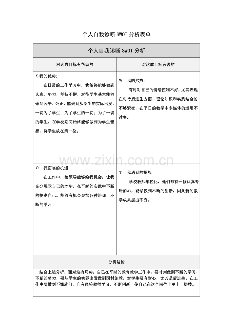 孙香艳的个人自我诊断SWOT分析表(1).doc_第1页