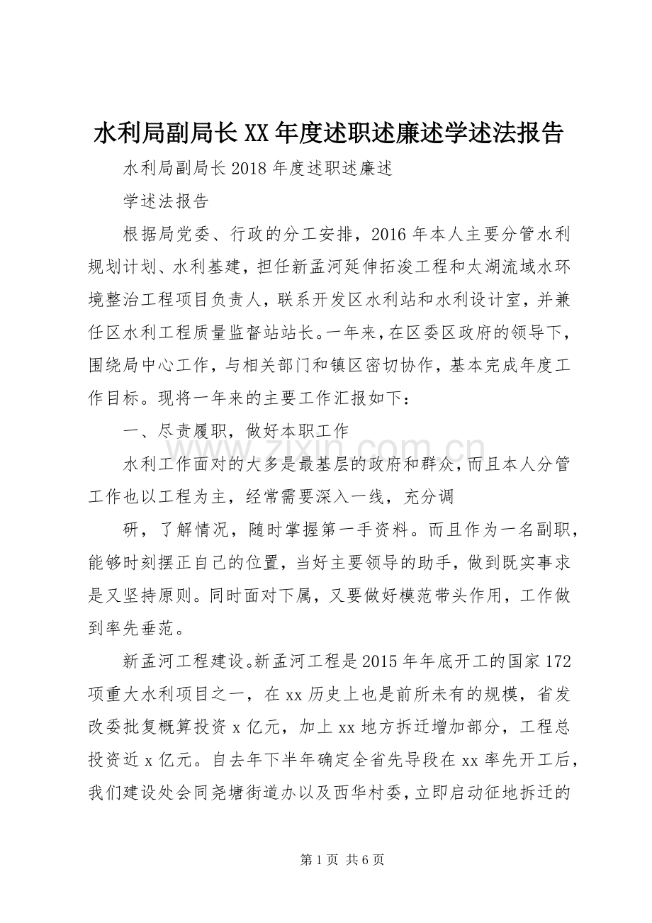 水利局副局长XX年度述职述廉述学述法报告.docx_第1页