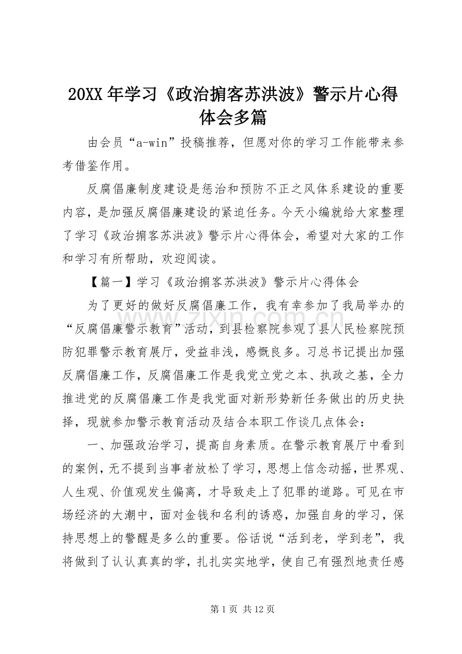 20XX年学习《政治掮客苏洪波》警示片心得体会多篇.docx_第1页