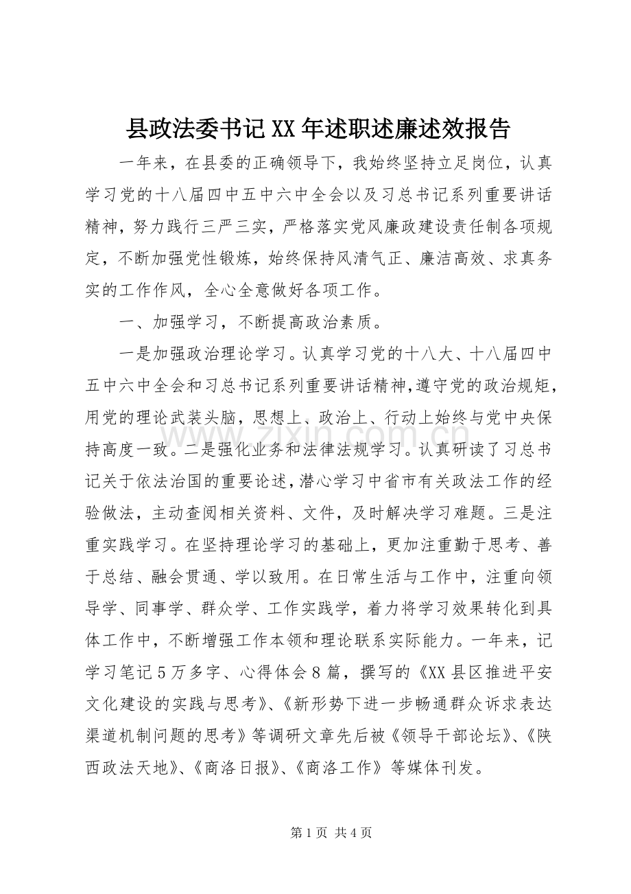 县政法委书记XX年述职述廉述效报告.docx_第1页