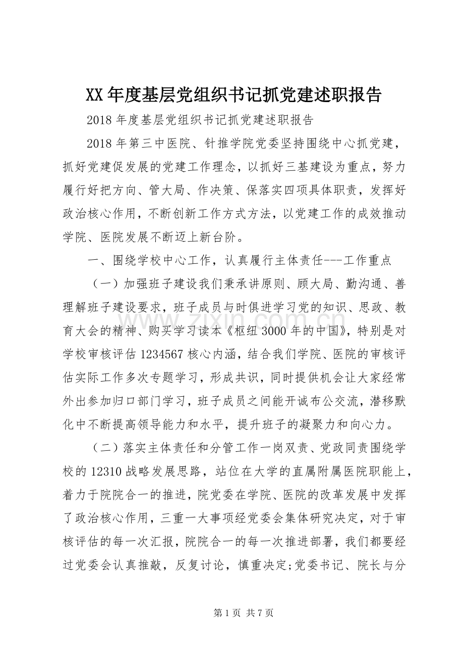 XX年度基层党组织书记抓党建述职报告.docx_第1页