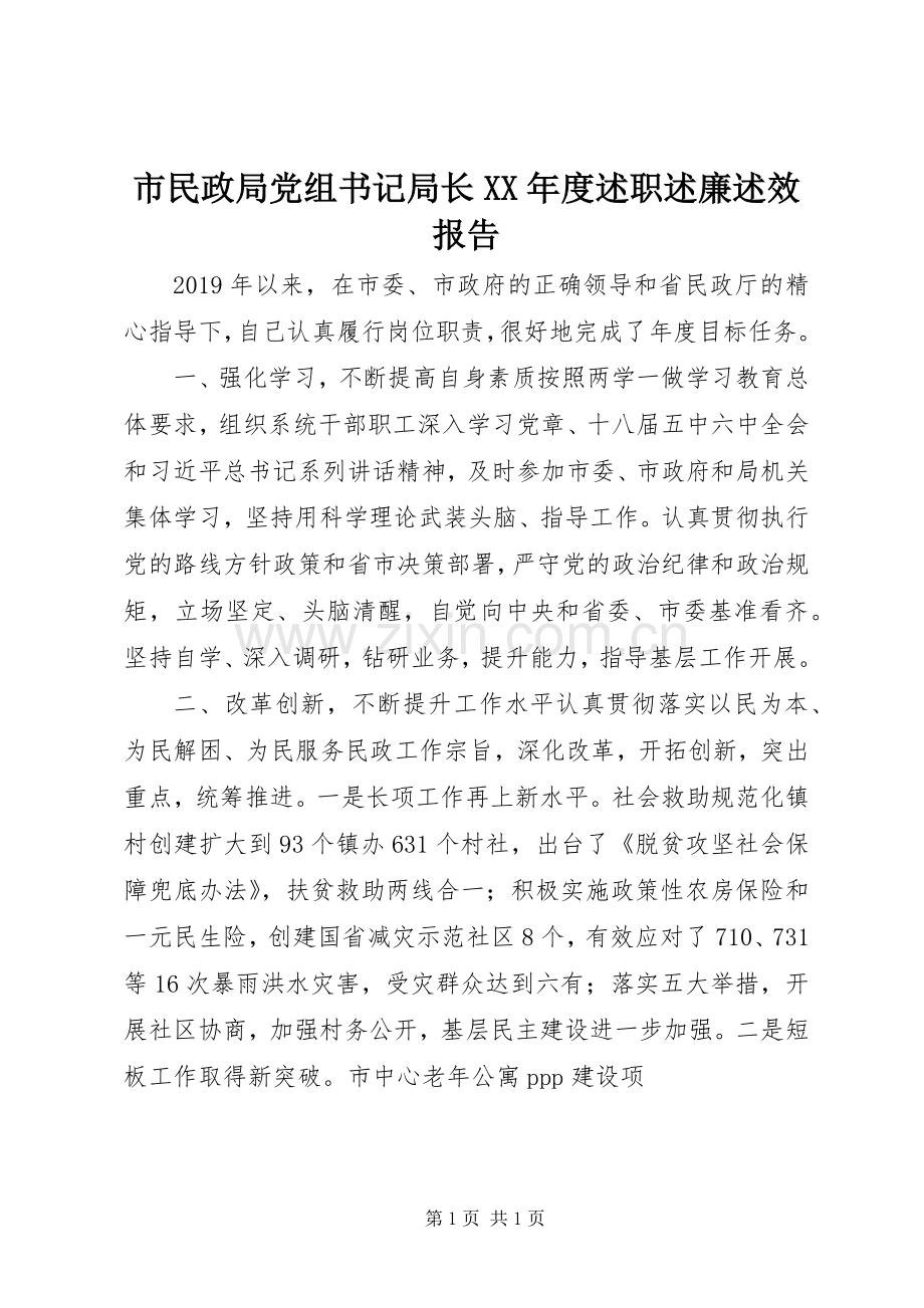 市民政局党组书记局长XX年度述职述廉述效报告.docx_第1页