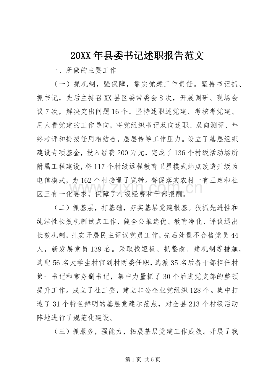 20XX年县委书记述职报告范文.docx_第1页