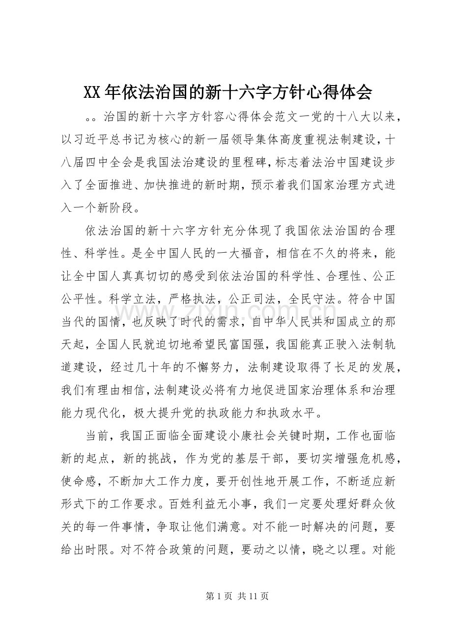 XX年依法治国的新十六字方针心得体会.docx_第1页