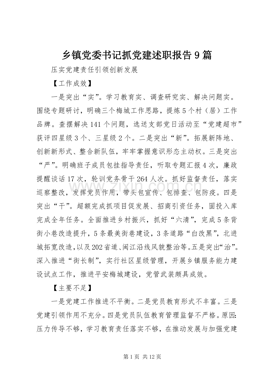 乡镇党委书记抓党建述职报告9篇.docx_第1页