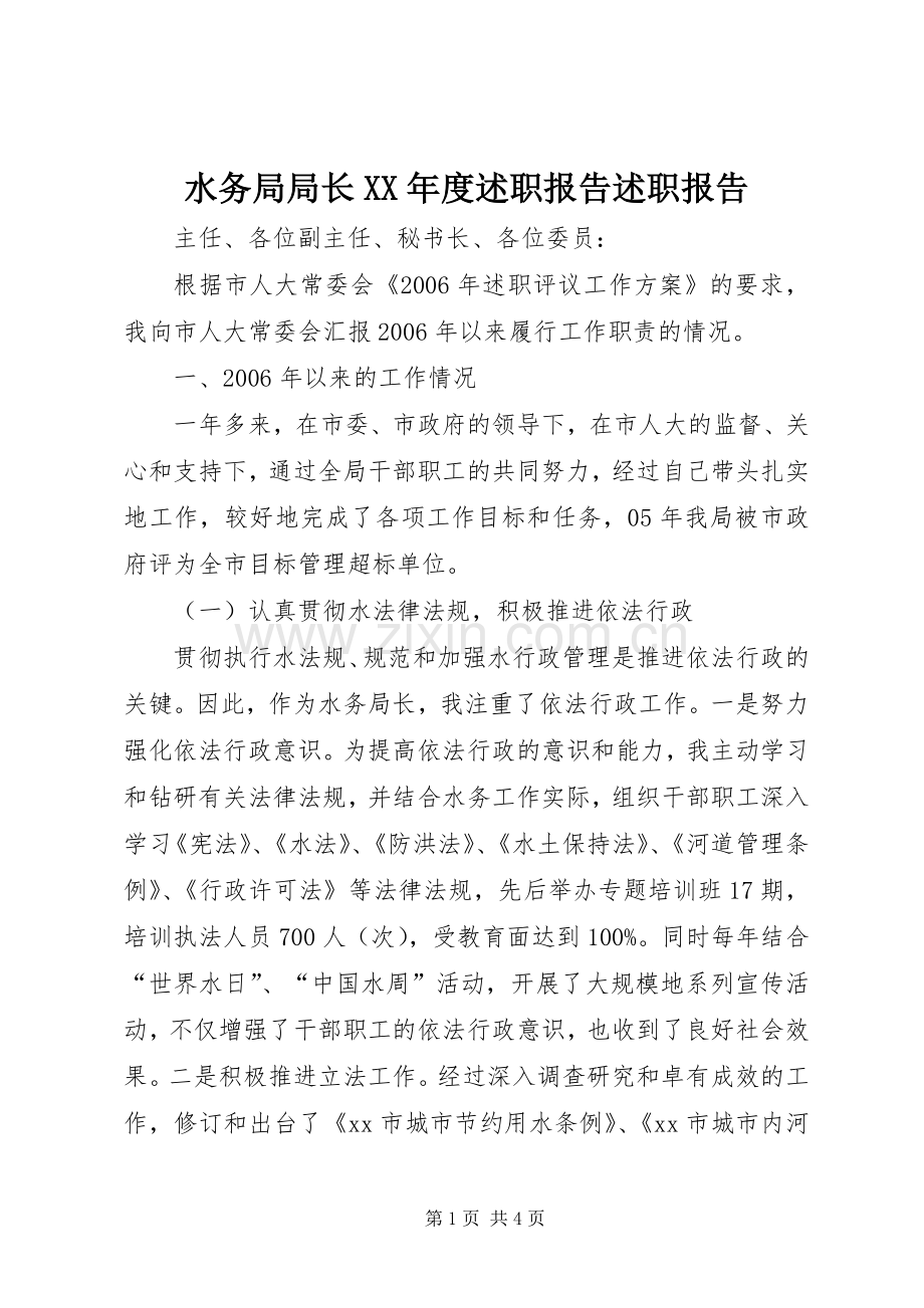 水务局局长XX年度述职报告述职报告.docx_第1页