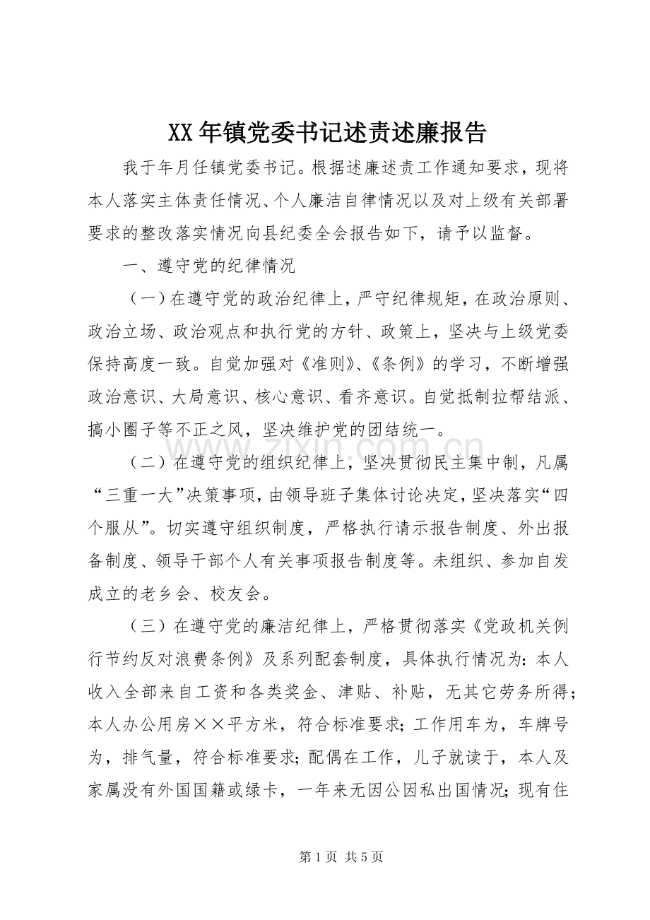 XX年镇党委书记述责述廉报告.docx_第1页