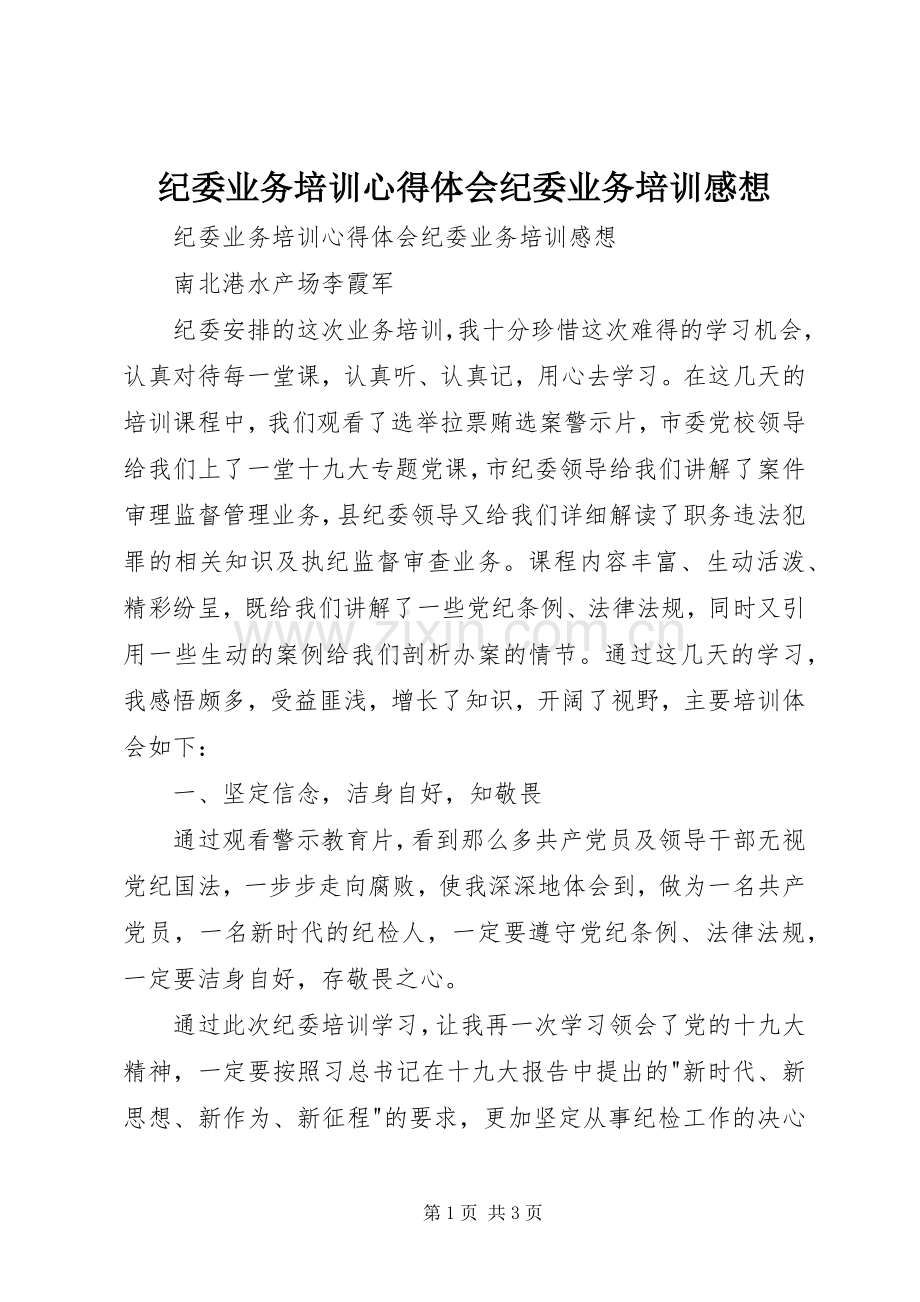 纪委业务培训心得体会纪委业务培训感想.docx_第1页