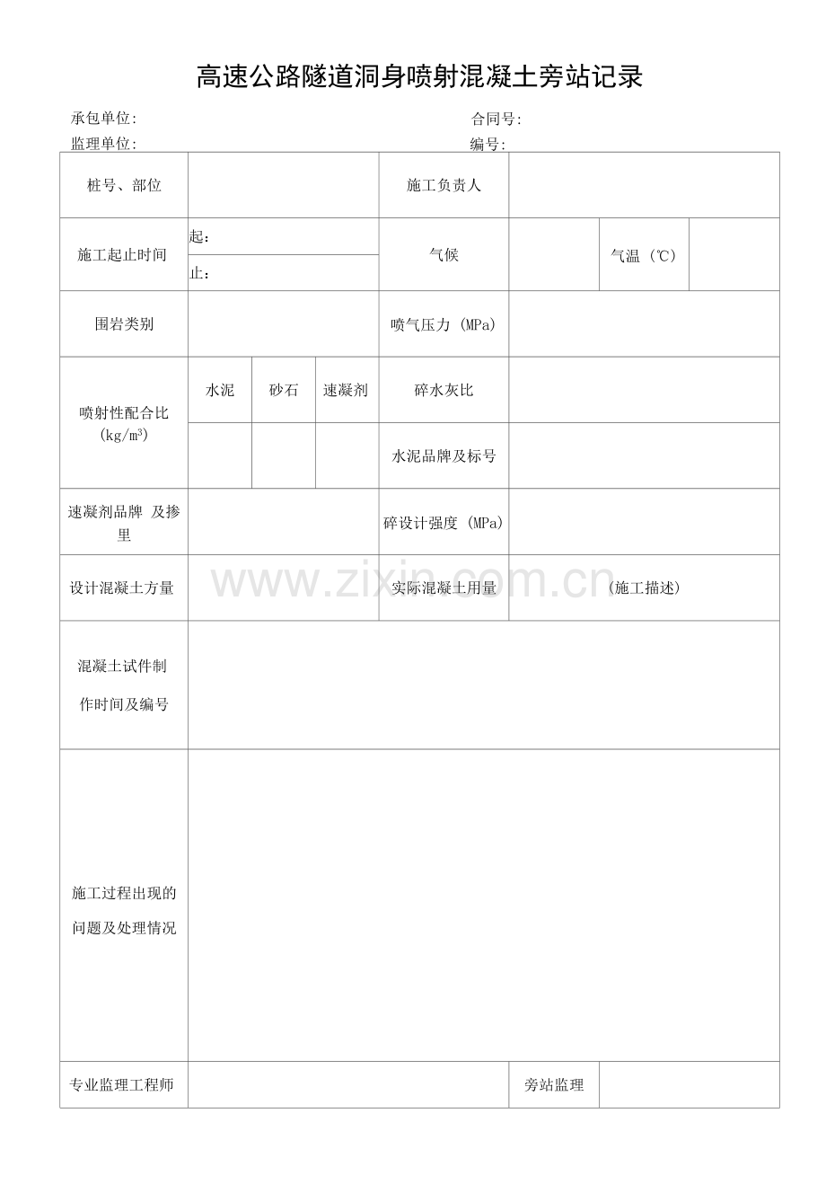 高速公路隧道洞身喷射混凝土旁站记录.docx_第1页