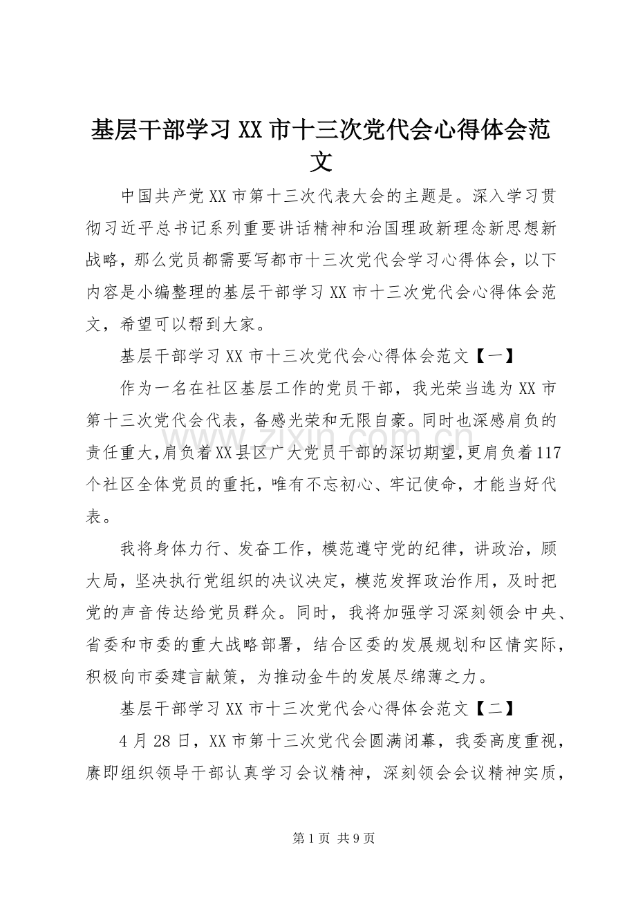 基层干部学习XX市十三次党代会心得体会范文.docx_第1页