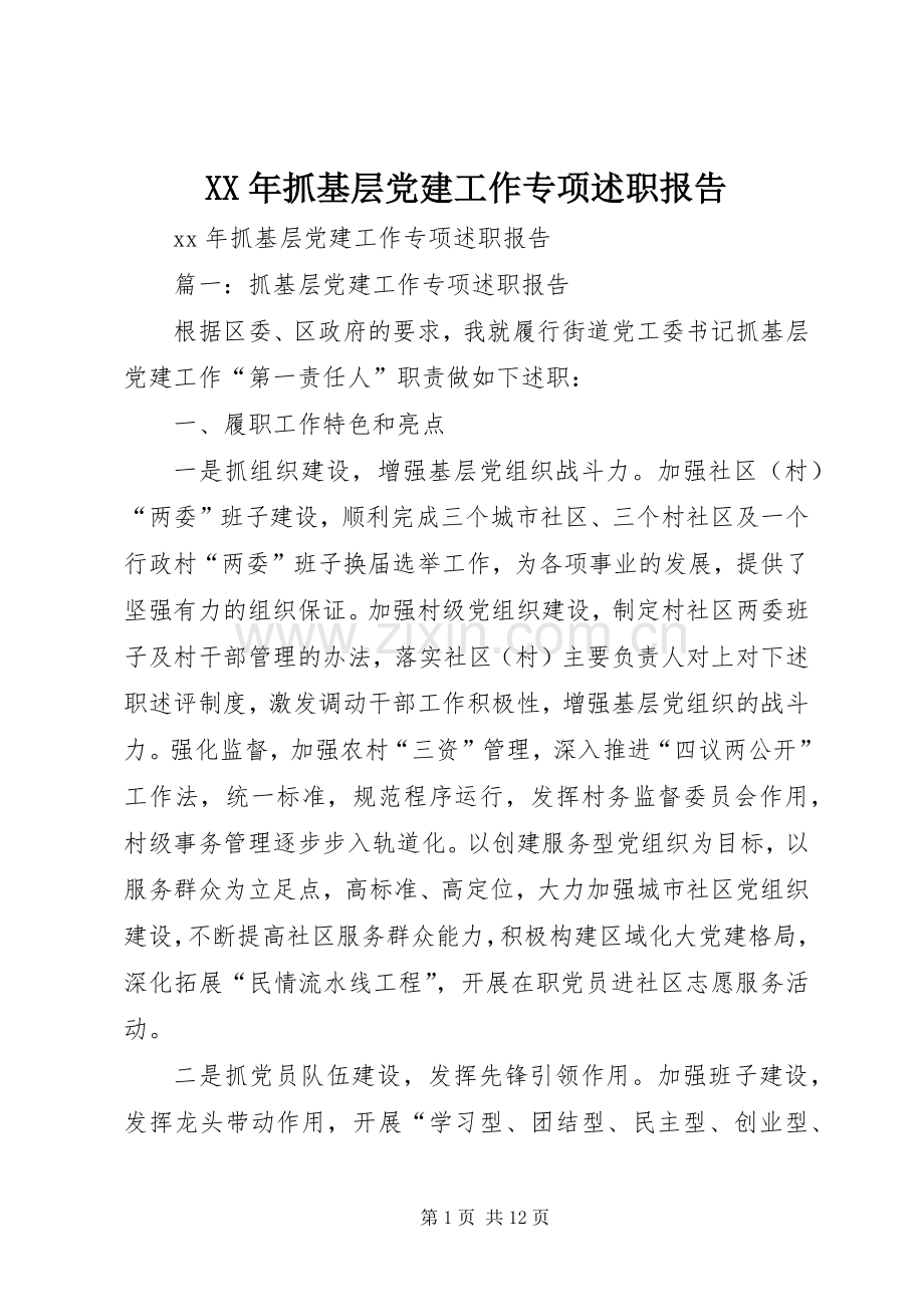 XX年抓基层党建工作专项述职报告.docx_第1页