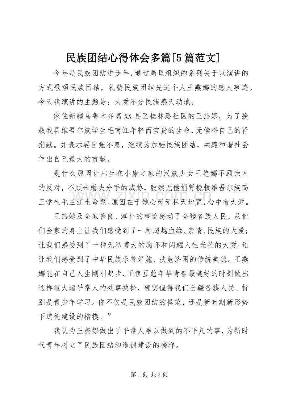 民族团结心得体会多篇[5篇范文].docx_第1页