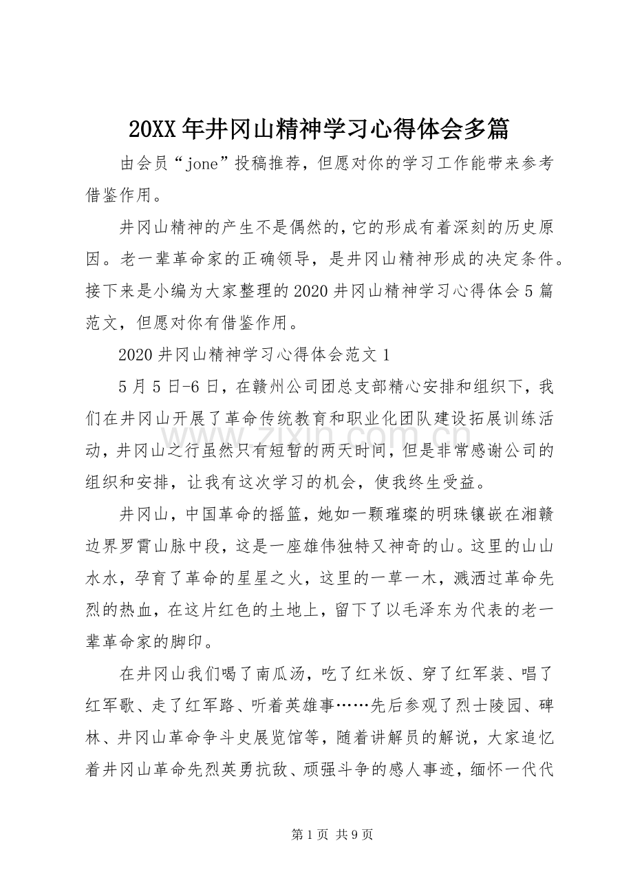 20XX年井冈山精神学习心得体会多篇.docx_第1页