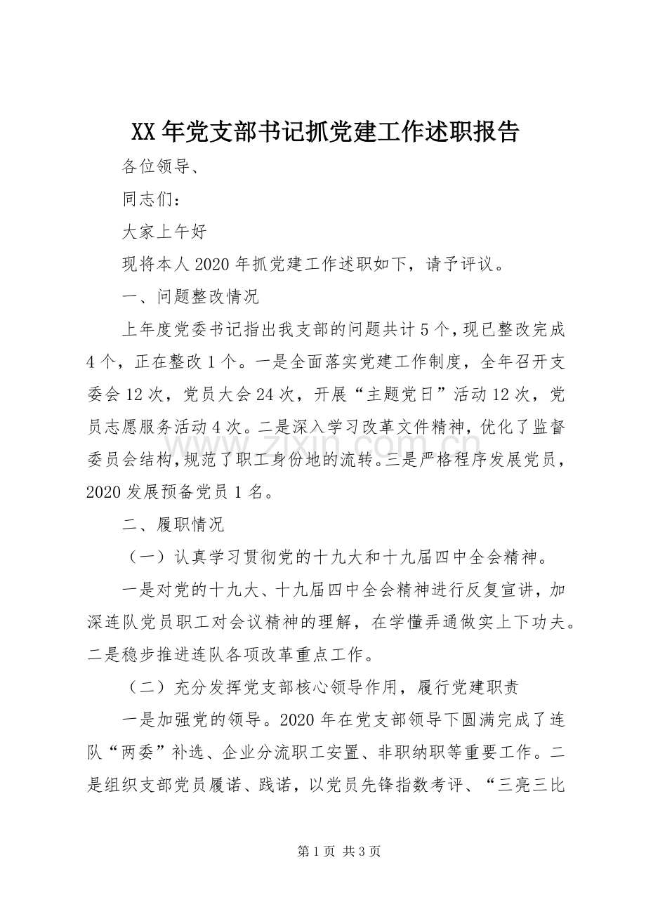 XX年党支部书记抓党建工作述职报告.docx_第1页