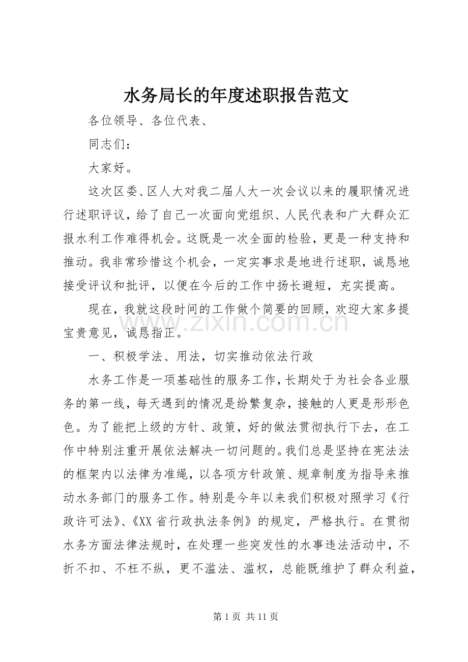 水务局长的年度述职报告范文.docx_第1页