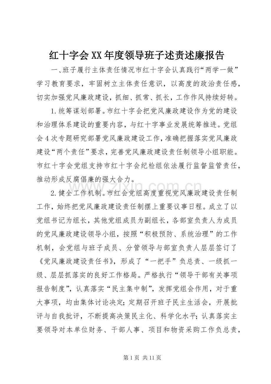 红十字会XX年度领导班子述责述廉报告.docx_第1页