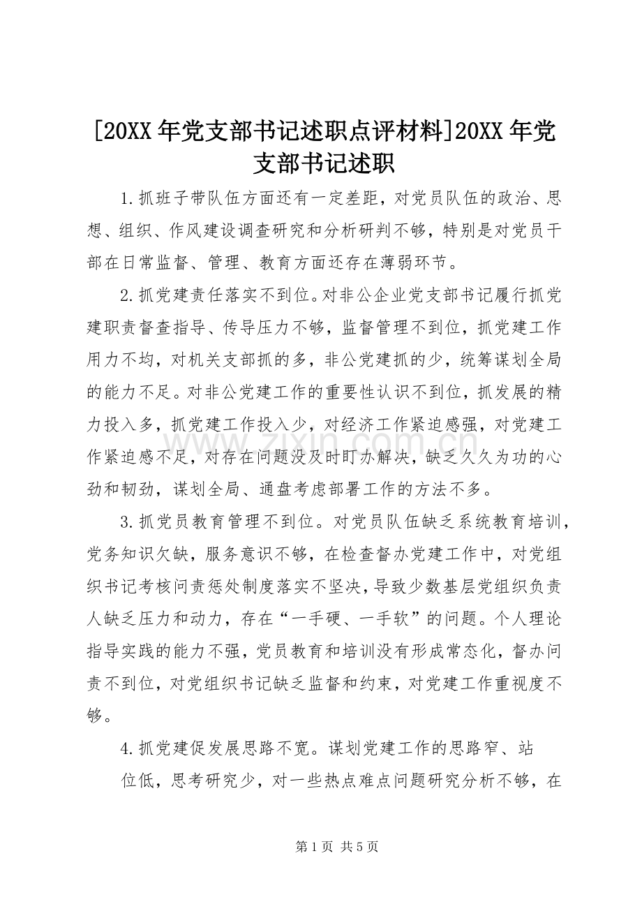 [20XX年党支部书记述职点评材料]20XX年党支部书记述职.docx_第1页