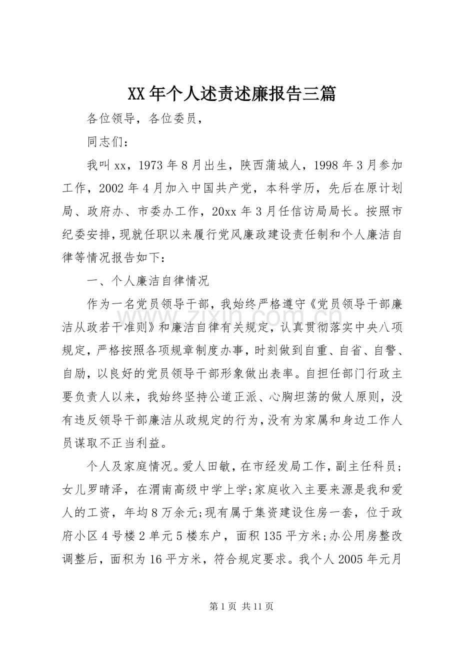 XX年个人述责述廉报告三篇.docx_第1页