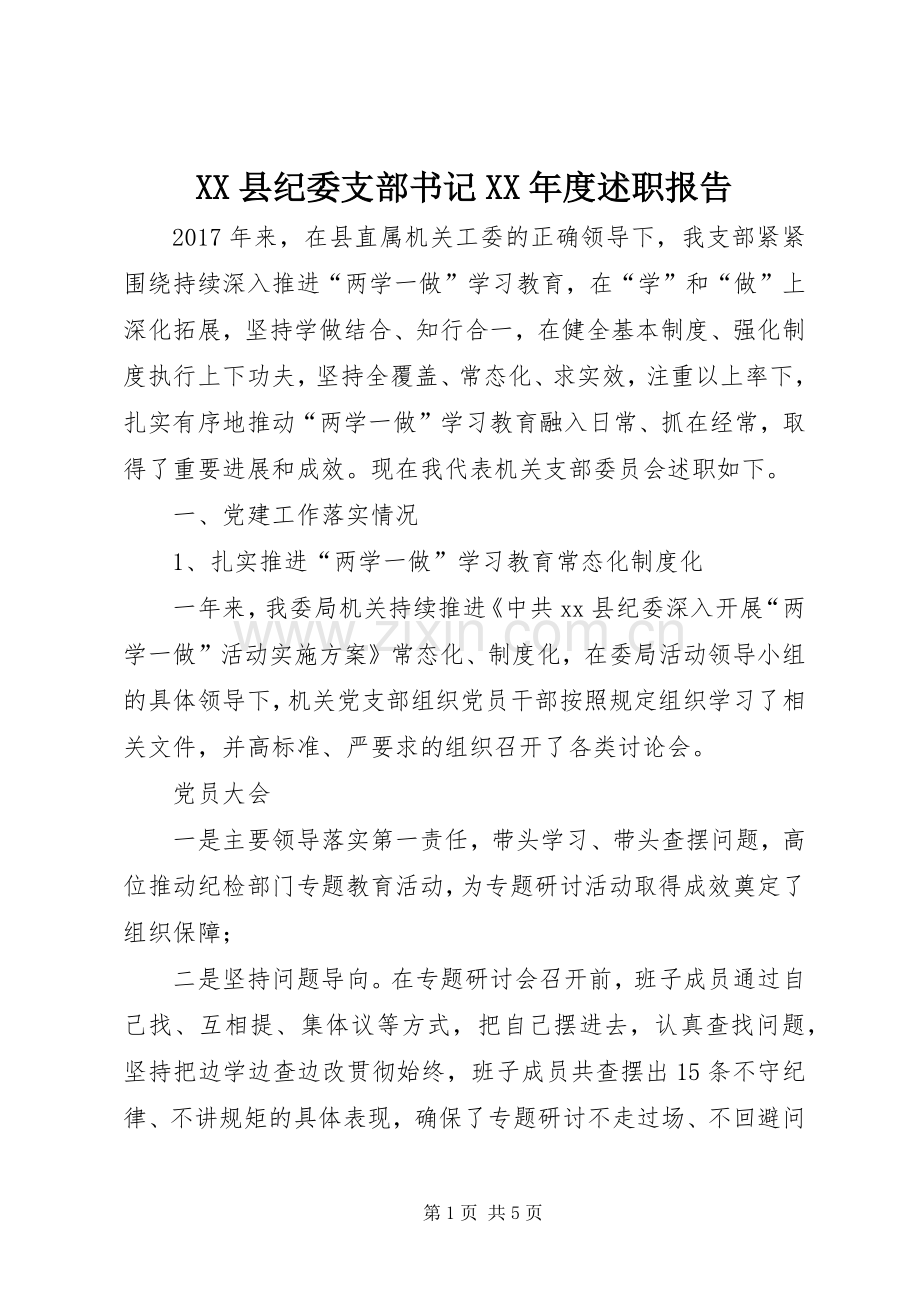 XX县纪委支部书记XX年度述职报告.docx_第1页