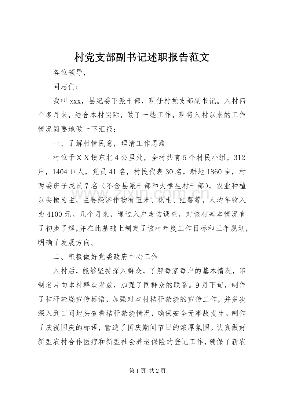 村党支部副书记述职报告范文.docx_第1页